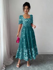 Vestido casual/de trabajo de manga corta con cuello cuadrado y cintura ceñida en línea A con estampado para mujer - Agua verde azul - Ver 4