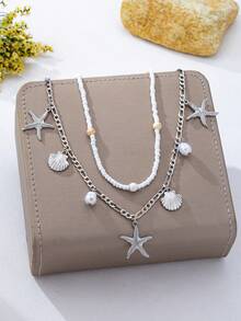 2 piezas Cadena de cintura con cuentas con diseño de conchas y estrellas de mar de estilo bohemio para mujeres - Plateado - Ver 2