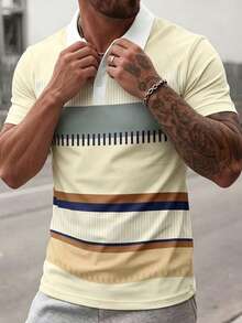Men's Casual Colorblock Striped Polo Shirt With Collar, Summer - Multicolor - View 3