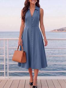 elegante francés de primavera/verano para mujer, moda minimalista, estilo retro, ropa de oficina profesional, vestido ajustado de línea A con escote en V sin mangas, vestido retro marrón de una sola hilera cómodo, con bolsillo lateral y cremallera oculta, vestido midi de verano - Marrón - Ver 9
