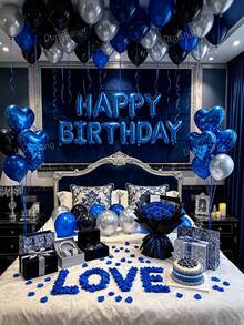11/60/65件組 海軍藍黑色銀色生日氣球花環套裝－16吋藍色Happy Birthday鋁箔字母氣球、18吋藍色心形金屬膜氣球、10吋海軍藍黑色金屬乳膠氣球，適用於生日派對、拍照背景、週年紀念、房間裝飾 - 海軍藍&銀黑色 - 查看 5