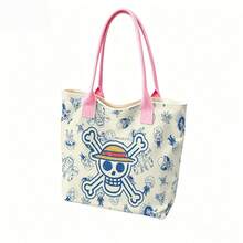 Miniso One Piece Cute Straw Hat Pirates Jolly Roger & Chibi Crew Print Canvas Tote Bag, Beige Shoulder Bag For Daily Use - Black - View 4