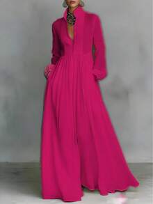 2026 Spring Solid Maxi Dress, High Waist Flowy Swing Gown, Elegant Outfit For Party Date Vacation Daily Wear - 玫紅色 - 查看 1