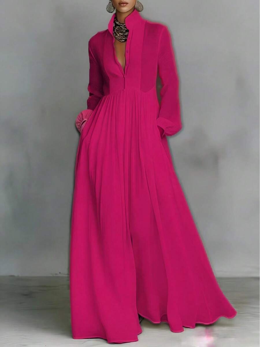 2026 Spring Solid Maxi Dress, High Waist Flowy Swing Gown, Elegant Outfit For Party Date Vacation Daily Wear - 玫紅色 - 查看 1