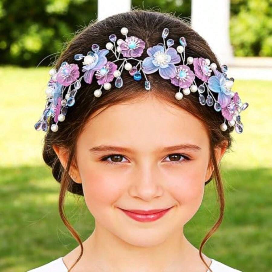 Yqq Campsis Purple Flower Headband For Girls, Floral Headpiece With Pearls, Wedding Hair Accessories For Women - 紫色的 - 查看 1