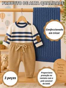 SAÍDA MATERNIDADE EM TRICÔ 3PÇS TRABALHADO LUXO PREMIUM ACONCHEGANTE PARA MENINO RUAN - AZUL JEANS - Visão 4