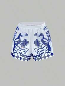 Traje de baño de una pieza con tirantes finos y estampado de palmeras con shorts de cobertura para vacaciones - Azul y blanco - Ver 6
