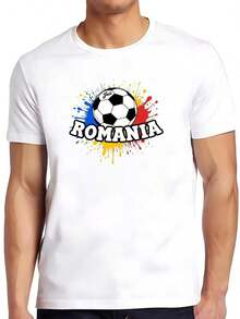 The Soccer Ball Symbolizes Passion And Energy, With Splashes Representing Romanian Strength And National Pride. Ideal For Showing Sporting Enthusiasm. A Stylish And Comfortable Men's T-Shirt For Casual Occasions And Sports Activities. - 白色 - 查看 1