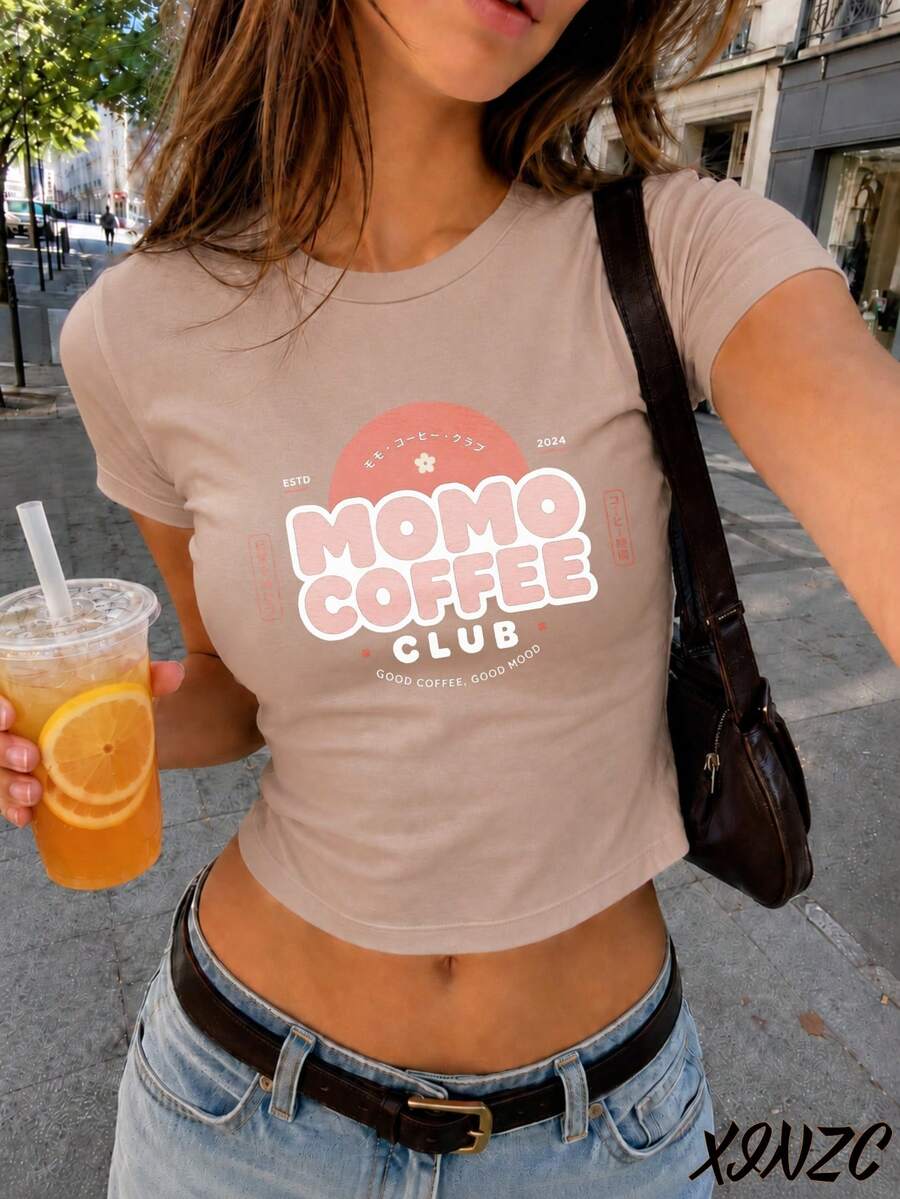 Women's Loose Round Neck Short Sleeve Cropped T-Shirt, Cotton Casual Top, Retro Festival Fashion, For Everyday Wear, City Strolls, Campus Life, Vacation, Shopping, Music Festivals, Summer Outfit - 卡其色 - 查看 1