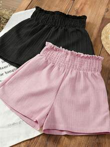 2pcs Girls Ruffled Elastic Waist Shorts, Children Casual Flowy Summer Shorts, Machine Washable - Pink - View 3