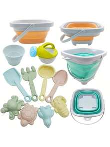 Beach Toy Set With Foldable Bucket, Morandi Color Beach Toys, Creative DIY Outdoor Camping Play Set, Includes Shovel And Animal Molds, Essential For Children's Summer Vacation, Essential For Children's Beach Travel, Beach Supplies, Garden Toys - Multicolor - View 10
