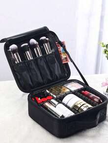 Large Capacity Minimalist Makeup Bag, With Two Removable Dividers, Portable Makeup Organizer With Handle, Durable Water-Resistant Cosmetic Storage Bag With Zipper And Adjustable Strap, Suitable For Travel And Events, Essential For Professional Makeup Artists (Removable Dividers Shipped Randomly) - Black - View 4