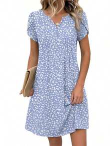 ,Flower Dress Women,2026 Women's Summer Casual Floral V-Neck A-Line T-Shirt Mini Dress Short Sleeve With Pockets Beach Sundress,Casual Summer Dress, S - 灰藍白色 - 查看 1