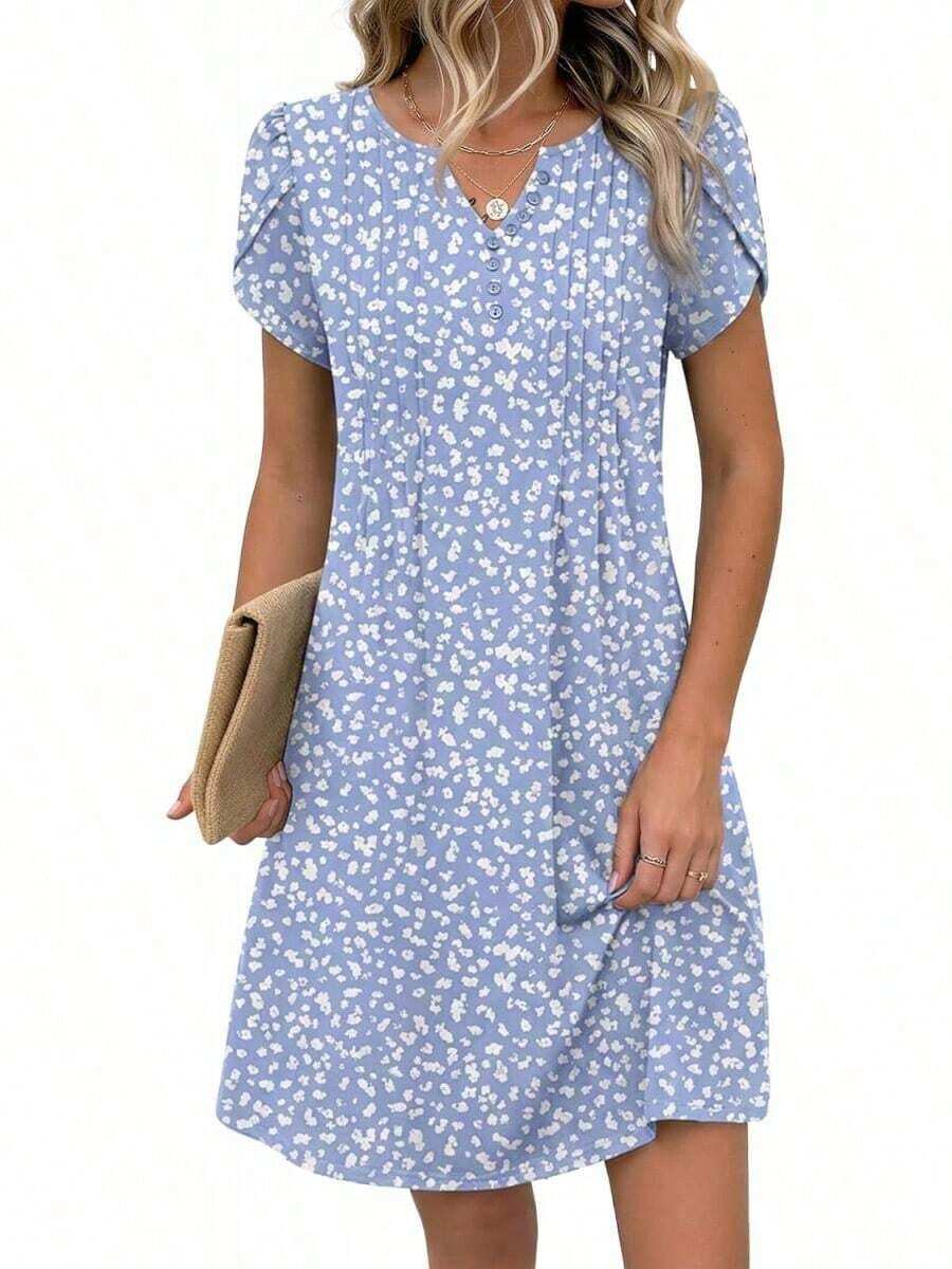,Flower Dress Women,2026 Women's Summer Casual Floral V-Neck A-Line T-Shirt Mini Dress Short Sleeve With Pockets Beach Sundress,Casual Summer Dress, S - 灰藍白色 - 查看 1
