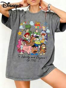 Disney Unisex TShirt Toy Story Land To Infinity And Beyond Est.1995 Graphic Washed TShirt For Women, 100% Cotton Oversized Vintage Short Sleeve Tee, Disney Family Trip Themed Casual Top - Xám - Xem 1