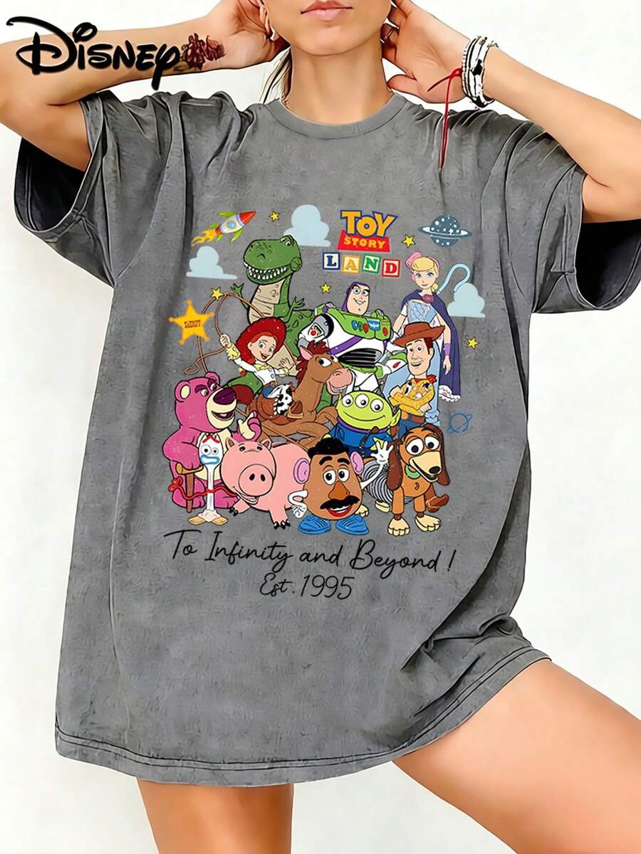 Disney Unisex TShirt Toy Story Land To Infinity And Beyond Est.1995 Graphic Washed TShirt For Women, 100% Cotton Oversized Vintage Short Sleeve Tee, Disney Family Trip Themed Casual Top - Xám - Xem 1