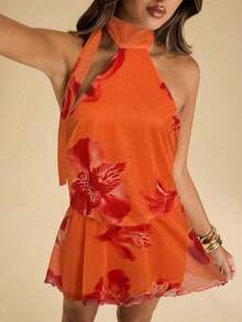 Vestido corto de verano elegante y sexy con estampado floral y espalda descubierta - Naranja - Ver 4