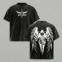 New Retro T-Shirt Made Of Thick, Comfortable Fabric With A Washed Effect. This  The Archangel T-Shirt Features A Graphic Of A Warrior Angel With A Sword And Wings. It's A Vintage-Style, Washed-Out Top, Perfect For Church, The Gym, Or As A Jesus-Themed Outfit. The Best Gift For Friends. - 黑色 - 查看 1