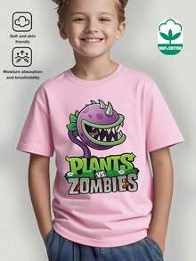 Casual Crew Neck T-Shirt, Sheer Short Sleeve T-Shirt With  Pattern, Minimalist Casual Style, Venus Trap And Tyrannosaurus Rex Flower Print T-Shirt Top, Machine Washable, Small, Medium And Large For Spring, Summer, Autumn And Clothing For Ages 3 To 12 Years - 粉色 - 查看 2