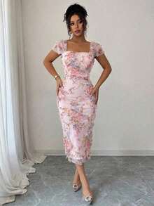 Vestido midi elegante y romántico de mujer con malla impresa y fruncido, adecuado para la temporada de bodas, fiestas, citas, salidas casuales, primavera/verano - Morado 3 - Ver 11