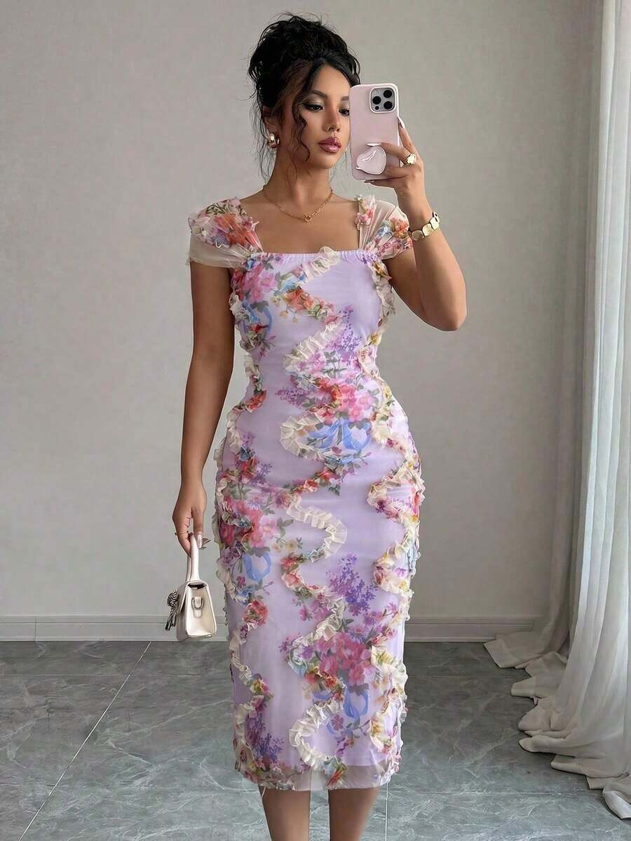 Vestido midi elegante y romántico de mujer con malla impresa y fruncido, adecuado para la temporada de bodas, fiestas, citas, salidas casuales, primavera/verano - Morado 3 - Ver 1