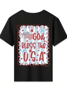American Honey Kids' Short Sleeve T-Shirt With 4th Of July Cartoon Print, 180g, Soft, Comfortable And Breathable, Suitable For All Seasons, Perfect For Boys And Girls For Everyday Wear, School And Casual Sportswear. An Ideal Crew Neck T-Shirt For Holiday Parties, Gatherings, Outdoor Activities And Travel. - 黃色 - 查看 3