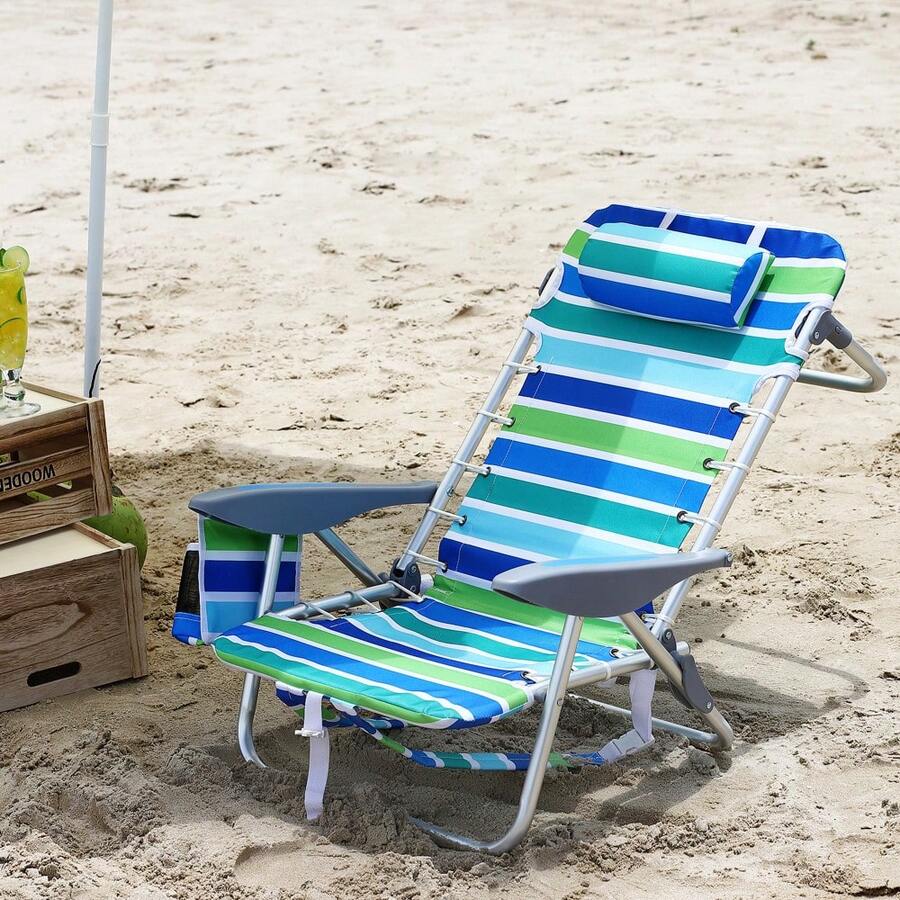 1 paquete Silla de playa de mochila ligera portátil de 5 posiciones reclinable, baja altura del asiento, suspensión de encaje, diseño plano, soporte de copa, barra de toallas, bolsillo de teléfono - Azul y verde - Ver 1
