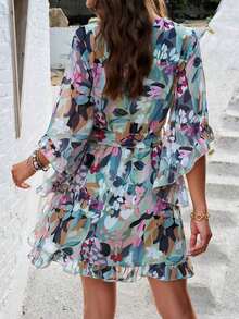 aVestido corto con volantes estampado PoPoHouse, vestido ligero con mangas acampanadas y cinturilla para mujer, elegante vestido corto para vacaciones y playa en primavera y verano - Burdeos - Ver 8