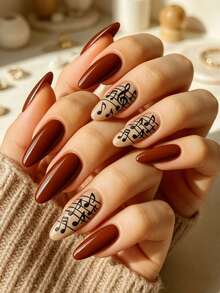 24 piezas de pegatinas de uñas de color rojo-marrón de longitud media-larga con patrón de nota musical negra, pegatinas de uñas de unicolor en forma de gota de agua, convenientes para uso diario, fiestas, vacaciones, pegatinas de arte de uñas - Color caoba - Ver 1