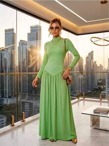 Long-Sleeved Maxi Dress In Stretchy And Comfortable Fabric. - 薄荷綠 - 查看 1