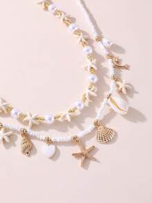 2pcs/Set Girls' Pearl Beaded Ocean Theme Shell, Starfish, Conch Pearl Necklace Set, Suitable For Daily Decoration And Holiday Decoration - White - View 2