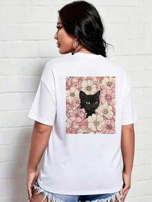 New Minimalist And  Summer Blouse With A Floral And Black Cat Print, Featuring A Round Neck, Short Sleeves, And A White Color. A Versatile And Elegant Blouse For Women. - 黑色 - 查看 1