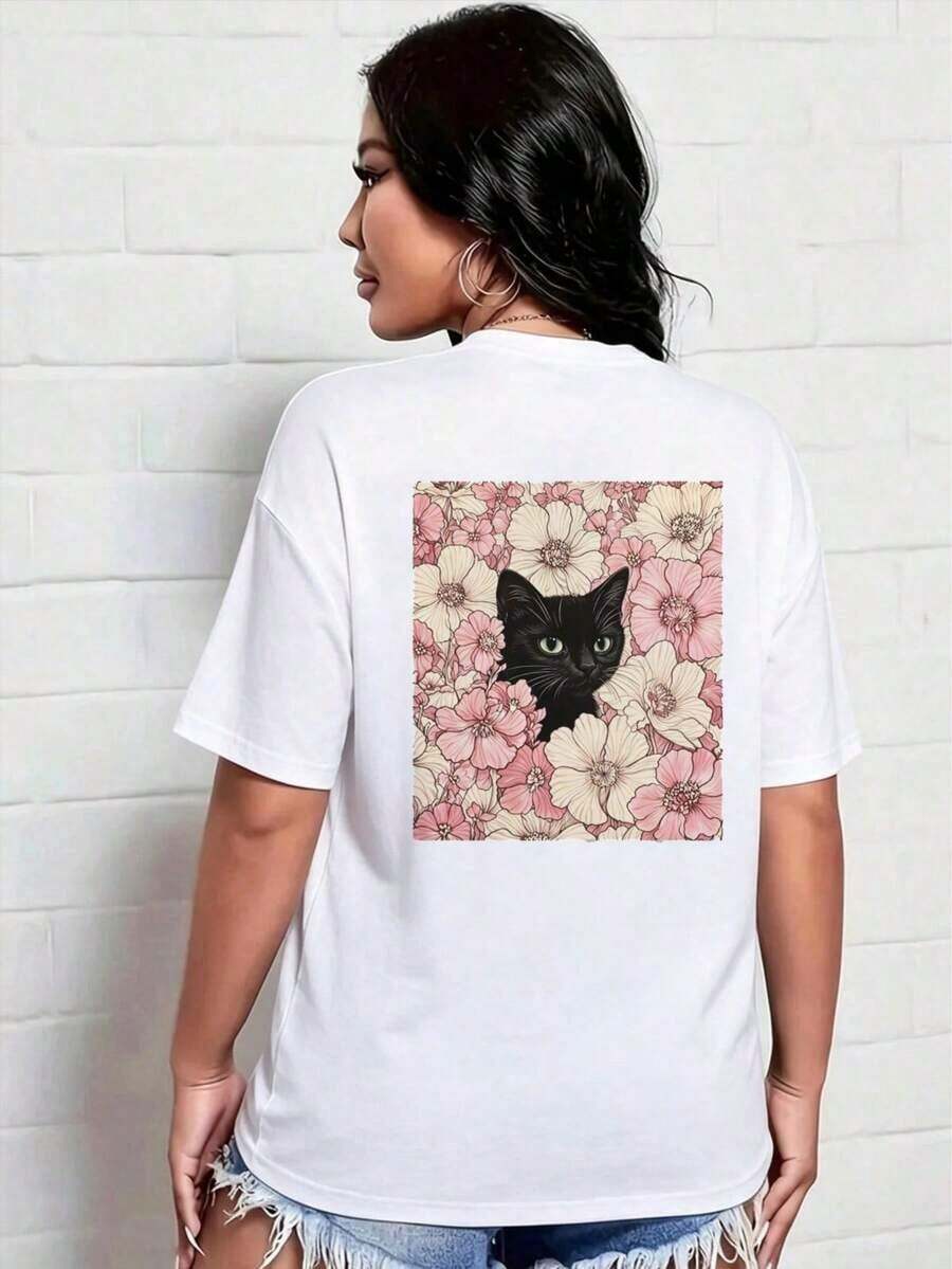 New Minimalist And Summer Blouse With A Floral And Black Cat Print, Featuring A Round Neck, Short Sleeves, And A White Color. A Versatile And Elegant Blouse For Women. - 黑色 - 查看 1