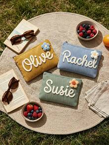 Trousse de maquillage personnalisée en chenille avec lettre, pochette de rangement personnalisée en velours côtelé, trousse de toilette de voyage pour pyjama party pour filles - Multicolore - Voir 2