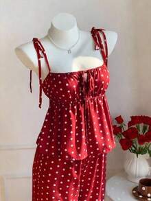 YkhahaComfortcana Conjunto de 2 piezas de top tipo camisola con hombros retorcidos y estampado de lunares, y pantalones de pierna ancha, para mujer, estilo casual de verano, retro y de playaYkhaha - Rojo - Ver 2