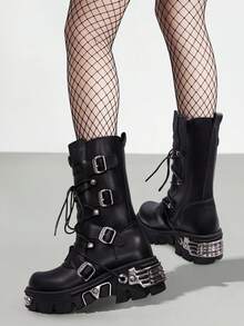 AYUSTONG Women's Y2K Style Punk Rock Platform Combat Boots, Chunky Heel Design, Thick Sole, Decorated With Rivets And Zipper Buckle, Solid Color Lace-Up Mid-Calf Boots, Non-Slip Rubber Sole, Comfortable Low-Top Round Toe Style With Thick Sole - Black - View 5