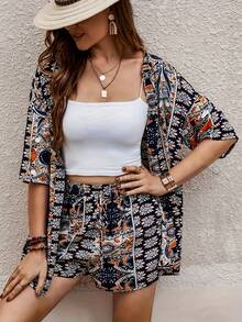 Conjunto de kimono con estampado floral abierta y shorts - Colores mezclados - Ver 2