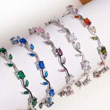 Pulsera de Cristal de Circonio Colorida y Encantadora con Diseño de Hojas y Flores, Lujosa, Chapada en Oro, para Mujeres y Niñas, para Fiestas y Bodas, Regalo de Joyería - Rojo violeta - Ver 7