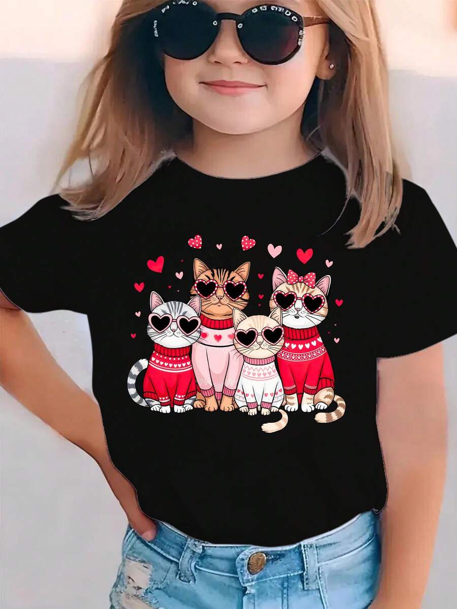 Girls' Short-Sleeved T-Shirt, Casual And Versatile Style, With Cartoon Print Of Heart Glasses And Four Kittens, For Valentine's Day And Summer Fashion, NY-DX7520 - 黑色 - 查看 1