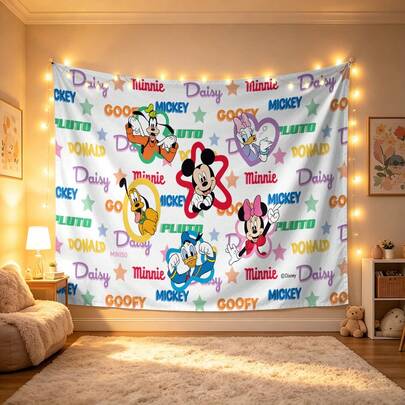 Arazzo classico Disney con Topolino e amici, allegro e colorato, estetica accattivante, appeso bianco e morbido, ideale come sfondo per camera da letto, feste e fotografia