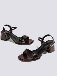 Women's Brown Patent Leather Colorblock Buckle Chunky Heel Block Heel Single Strap Square Heel Fashionable Versatile Commute Elegant Style High Heel Sandals - Brown - View 3