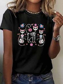 Women's Day Of The Dead Graphic T-Shirt With Skeletal Cat Design - Short Sleeve, Crew Neck, Floral And Vibrant Skull Design, Spring-Summer Fashion, Casual Wear. Floral And Skull Design. Comfortable Fit, Gifts For Cat Lovers. - 黑色 - 查看 1