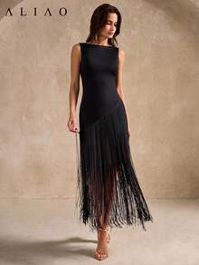 ALIAO Elegant Retro Sleeveless Tassel Maxi Dress For Women, Perfect For Festivals, Celebrations And Beach Parties In Autumn Black Summer - Black - View 3