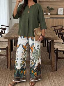 Elouméa Conjunto de 2 piezas de blusa verde militar y pantalón boho de base blanca con estampado verde, manga 3/4, traje casual de primavera y verano - Multicolor - Ver 5