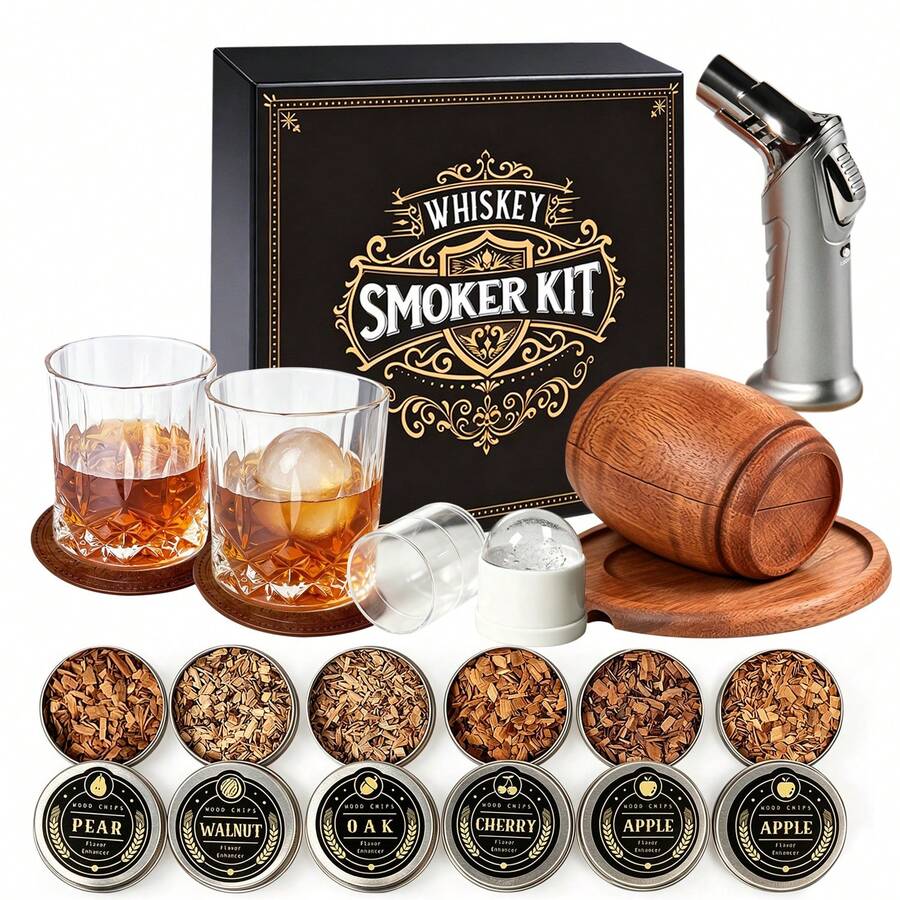 Whiskey Smoker Kit With Torch - 6 Flavors Wood Chips, 2 Glasses, 2 Ice Ball Molds - Cocktail Smoker Infuser Kit, Old Fashioned Drink Smoker Kit, Birthday Bourbon Whiskey Gifts For Men,Dad(NO Butane),Whiskey Cups Whiskey Tumbler Whiskey Decanter - 查看 1