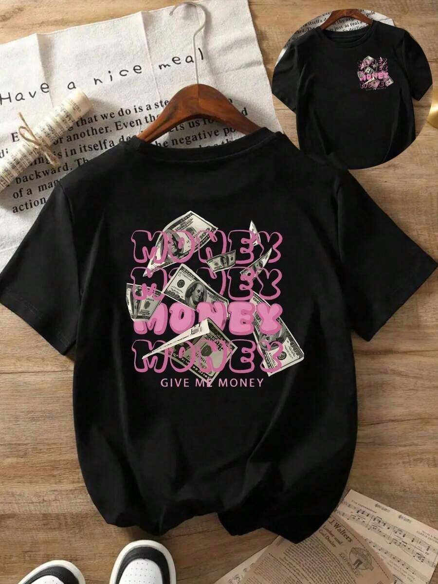 **Título del producto:** T-shirt única y moderna Y2K con diseño llamativo de billetes y texto "Give My Money".Ideal para quienes buscan un estilo urbano y original.Conquista todas las miradas en cualquier ocasión.¡No te quedes sin la tuya! - Negro - Ver 1