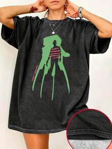 Camiseta vintage de manga corta con cuello redondo y estampado gráfico de película de terror de los 80, retro, holgada, con hombros caídos, lavada y arrugada, material ligeramente elástico y transpirable, regalo perfecto para mujeres - Negro - Ver 6