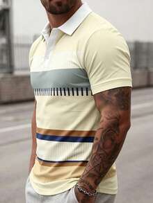 Men's Casual Colorblock Striped Polo Shirt With Collar, Summer - Multicolor - View 2