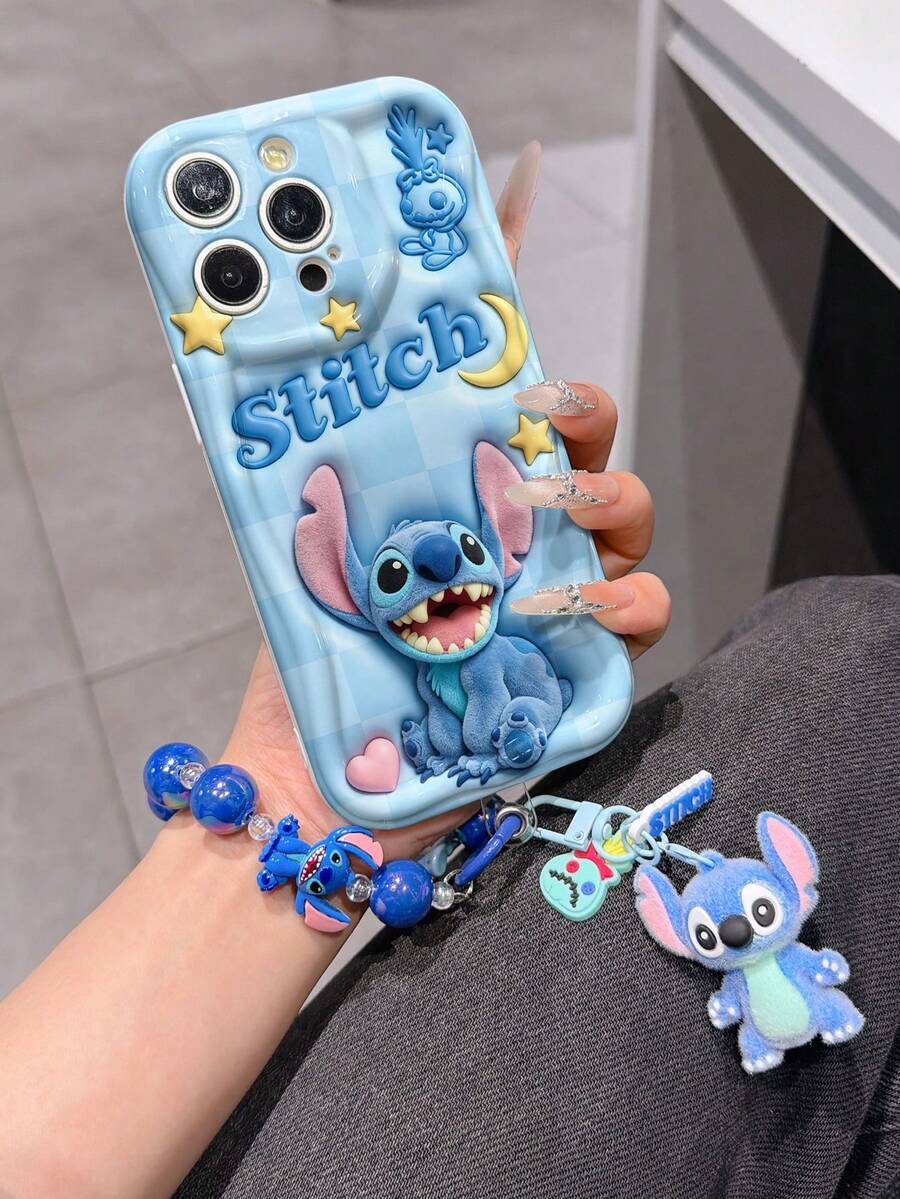 Disney Has Authorized, Phone Case - Chain Set, The Stitch Lilo & Stitch 3D Phone Case Plus A Silicone 3D Stitch Bracelet With Metallic Ring Removable Bracelet, Stitch And Angel Pattern, Compatible With Iphone17/16/15/14/13/12/11/XS/XR/X Plus Pro Max, A Stylish Cartoon Phone Case, The Perfect Gift Choice, Phone Protection, Durable Phone Cover, Great Gift For Friends And Family. - trắng - Xem 1