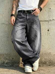 1 pièce Jeans vintage délavé à coupe ample et jambe large pour hommes, sans stretch, convient pour le casual et le travail - Gris foncé - Voir 4